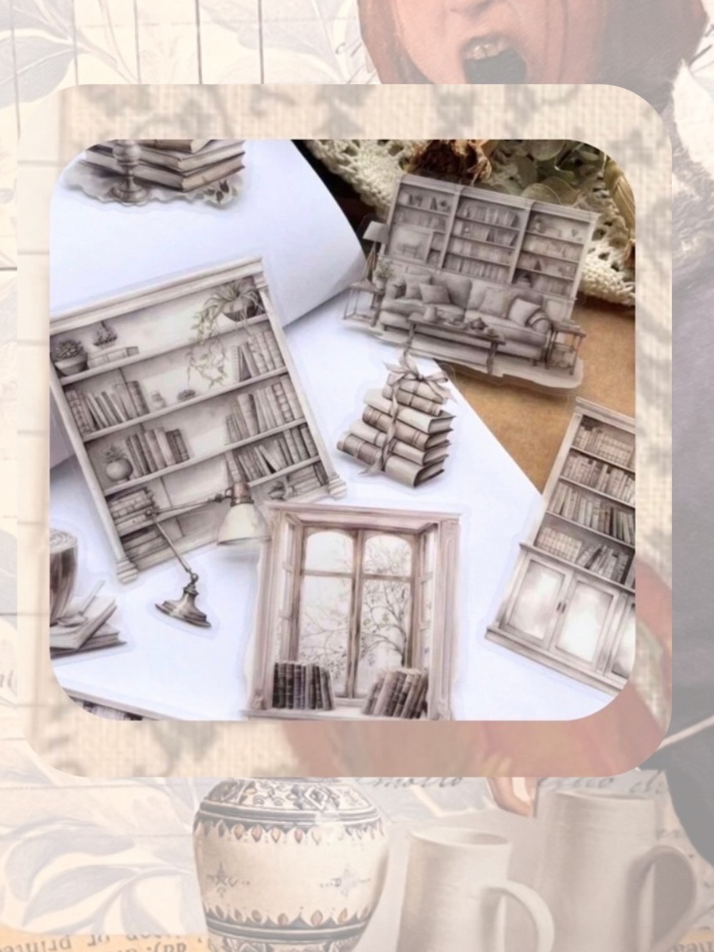 🎉🎉Reading Corner vintage victorian book, library, furniture sticker pack